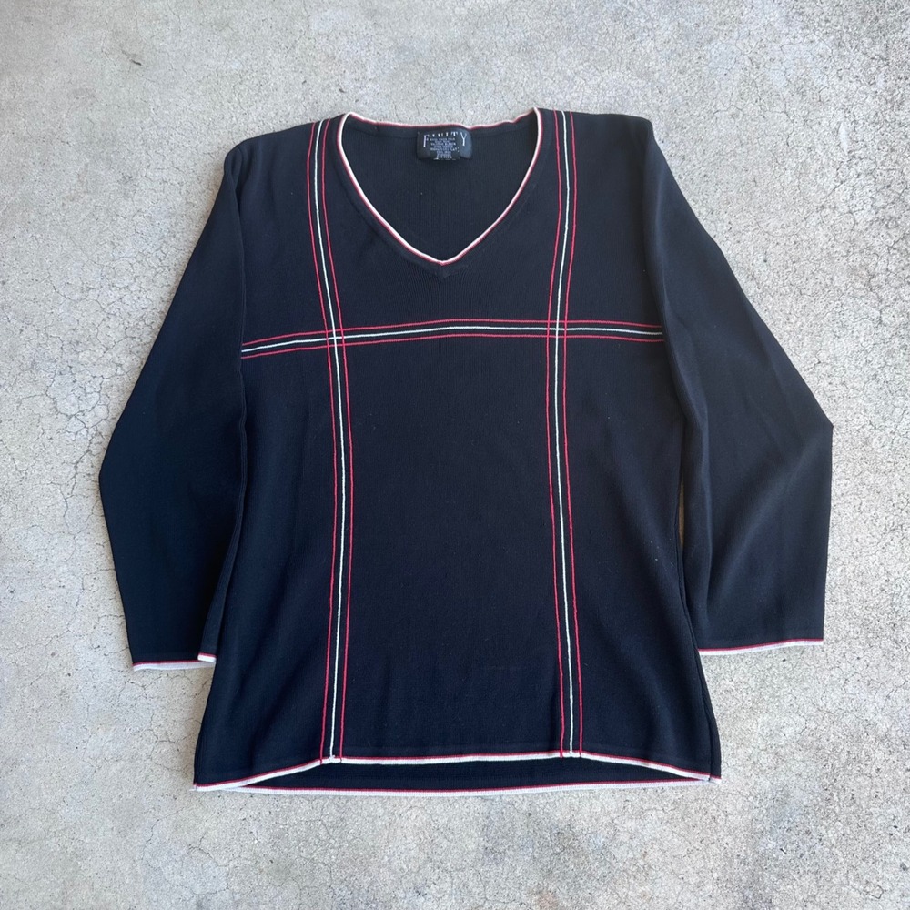 Finity Petite Sweater Womens PXL Black Excellent V-Neck Rayon Blend Striped